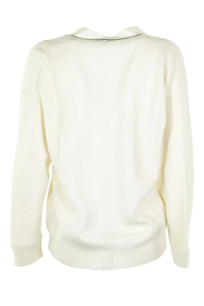 WHITE V-NECK SWEATER CASHMERE SWEATER WITH MONILI