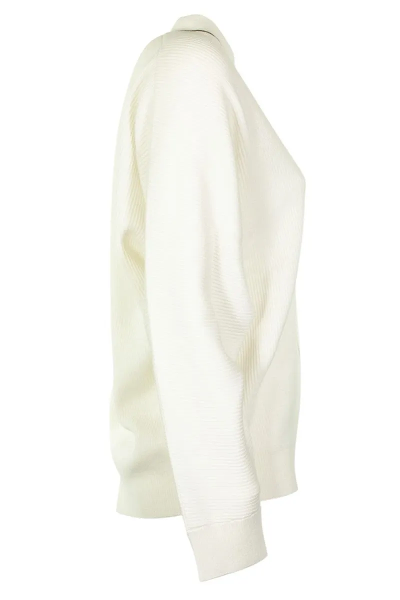 WHITE V-NECK SWEATER CASHMERE SWEATER WITH MONILI