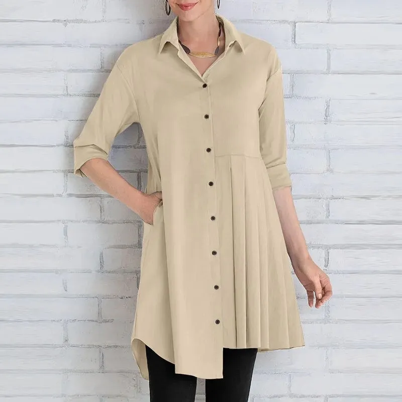 Women Shirts Lapel 3/4 Sleeve Blouses Asymmetrical Pleated