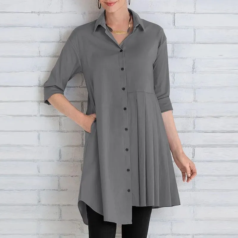 Women Shirts Lapel 3/4 Sleeve Blouses Asymmetrical Pleated