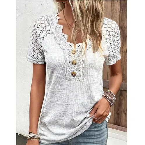 Women's T-shirt Short Sleeve T-shirts Lace Casual Solid Color