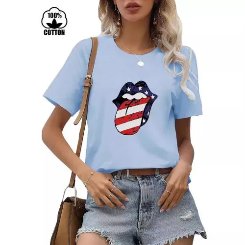 Women's T-shirt Short Sleeve T-Shirts Printing Streetwear Mouth American Flag