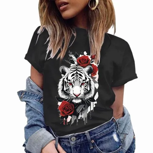 Women's T-shirt Short Sleeve T-Shirts Printing Streetwear Rose Tiger